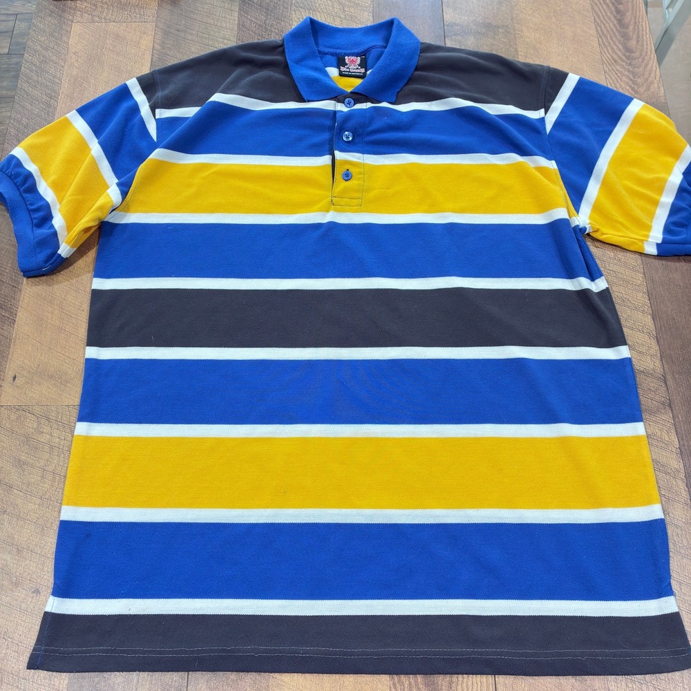 BLAC LAQUER Men's XL Striped Polo Shirt Blue Yellow Gray White Pique Knit